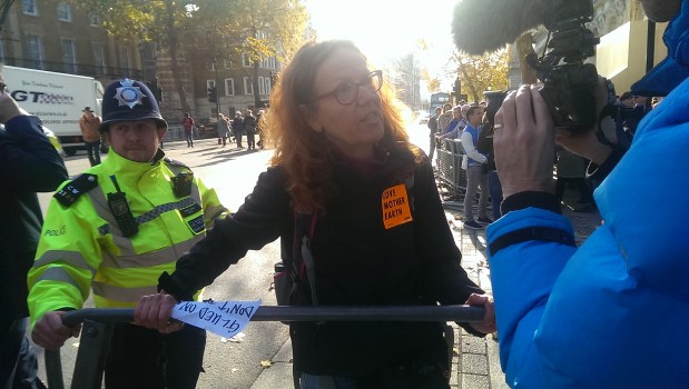 Ruth Jarman superglued to fencing outside Downing Street